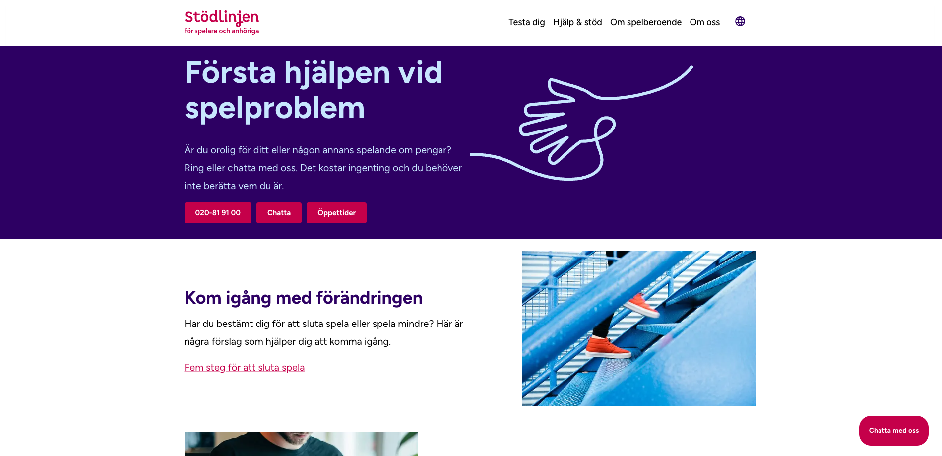 Stödlinjen för spelare och anhöriga med information om hjälp vid spelproblem. Kontakt via telefon 020-81 91 00 eller chatt för stöd kring spelberoende och ansvarsfullt spelande.