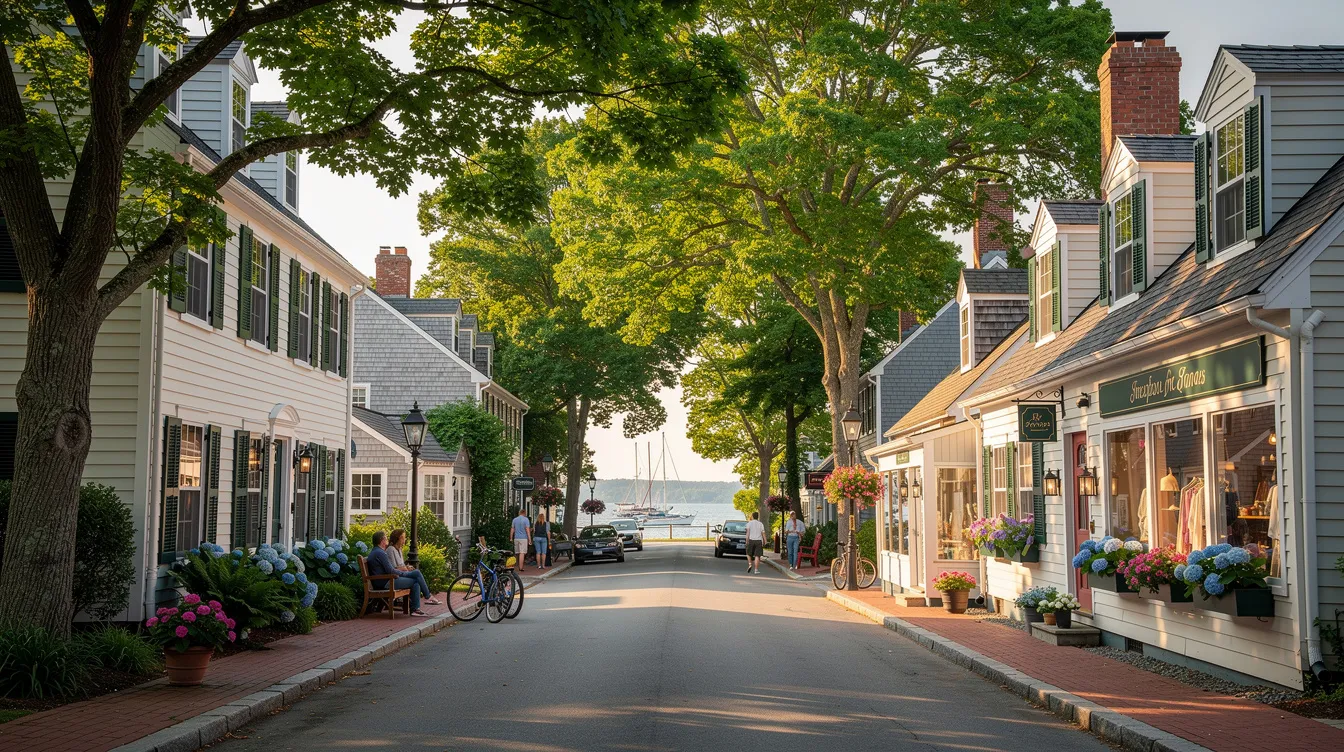 The image depicts a picturesque coastal village street in Connecticut, showcasing historic homes surrounded by lush greenery, charming boutiques, and bathed in the soft glow of summer light. This scene captures the essence of community life in the shoreline towns, reflecting the slower pace and quaint character of coastal Connecticut.