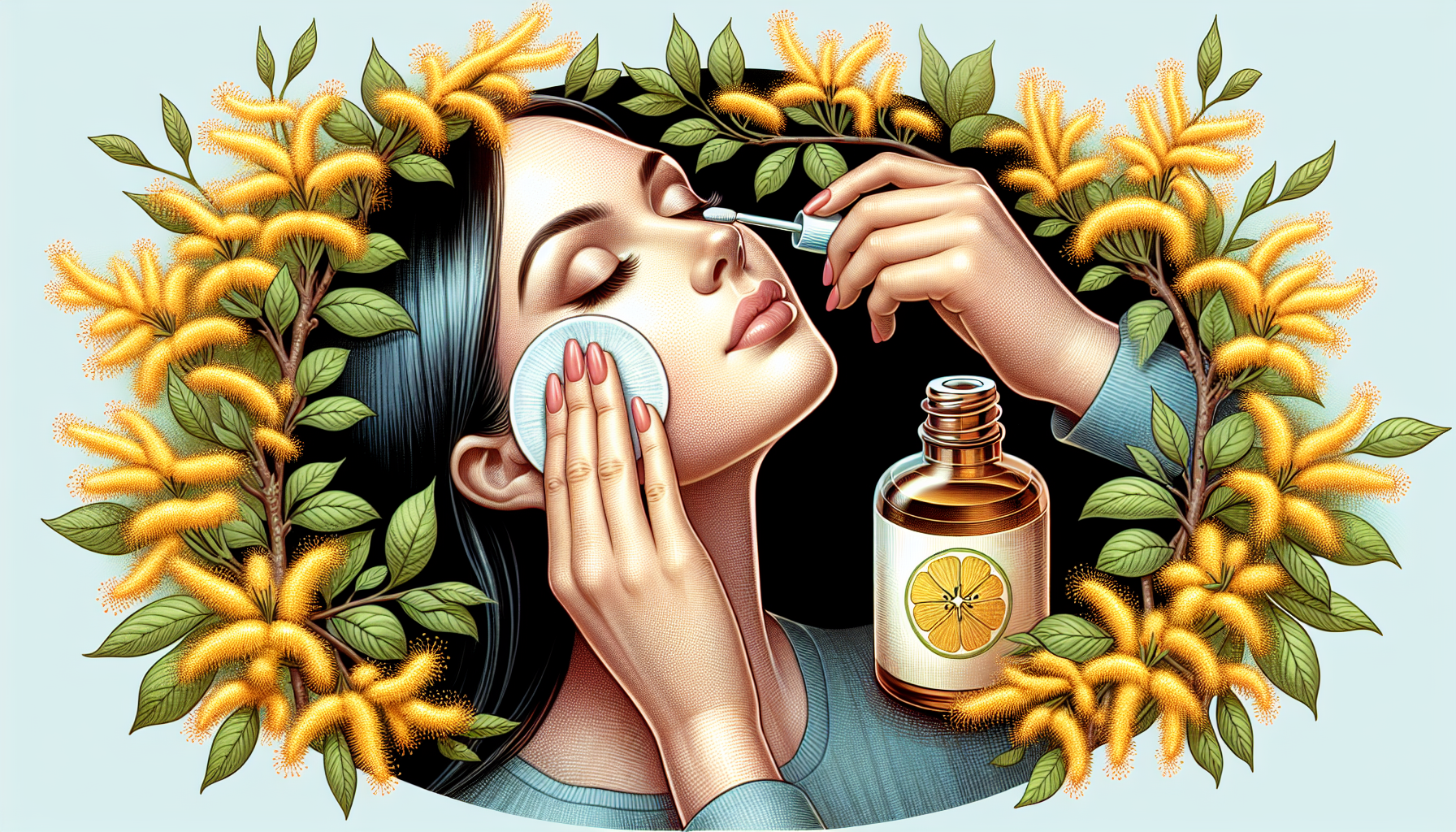 Illustration of witch hazel application on scalp