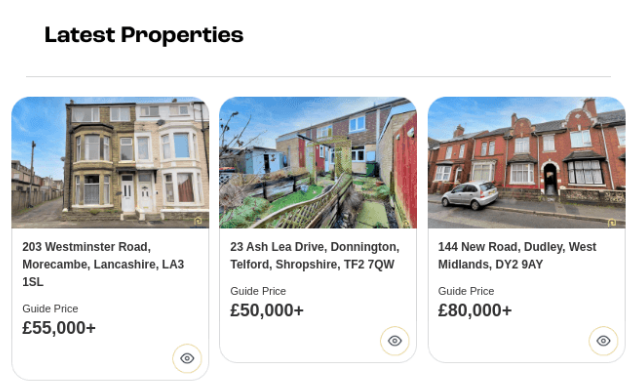 Three images of properties with their auction guide prices.