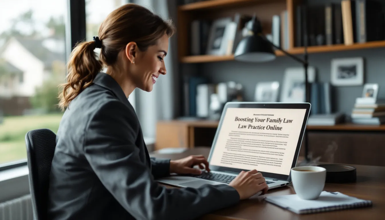 A lawyer drafting quality content on a laptop for a family law website.