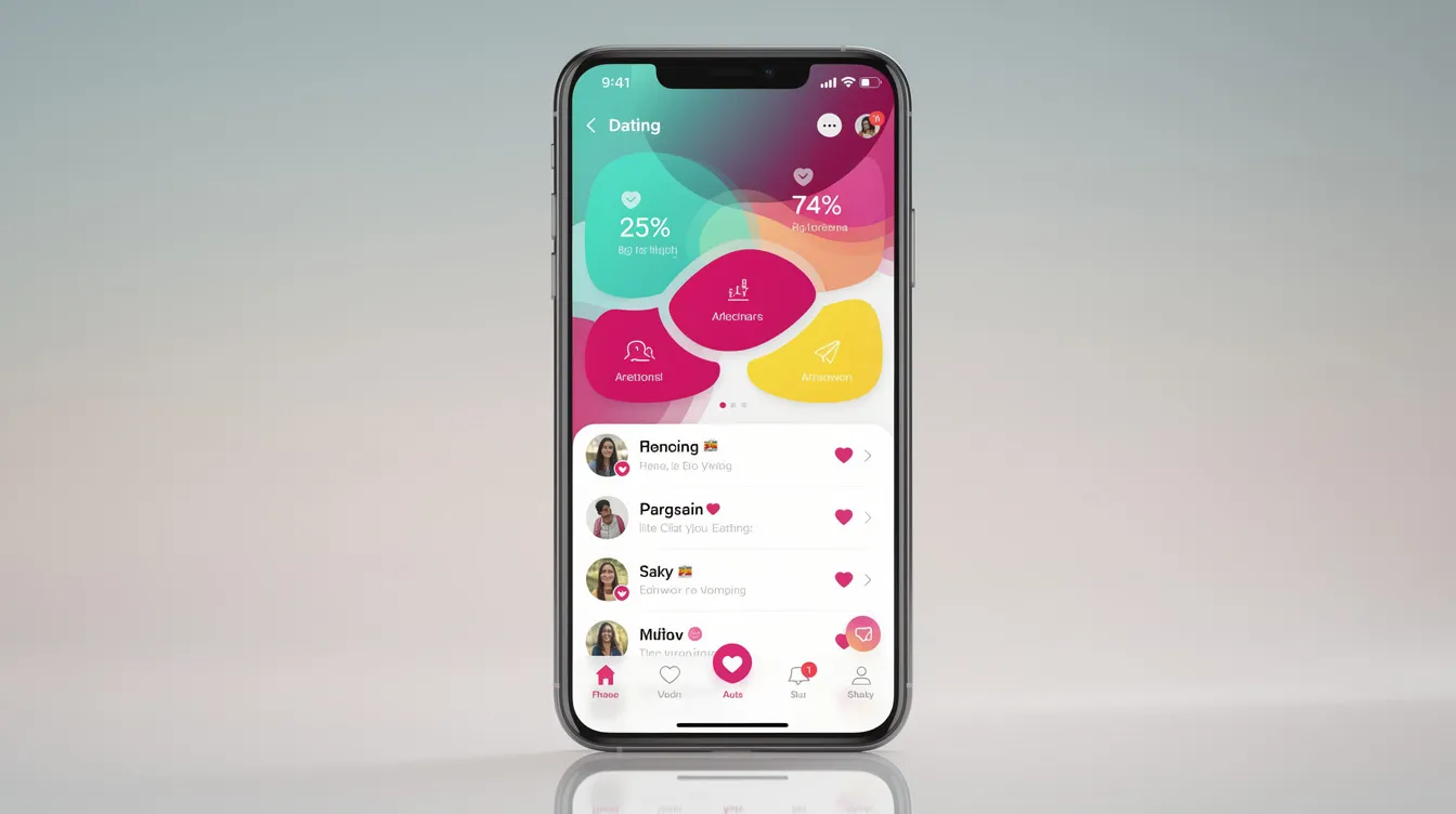 The image features a modern smartphone showcasing a dating app interface, complete with colorful graphs and match suggestions that highlight relationship compatibility and shared interests between potential partners. This visual representation emphasizes the importance of effective communication and mutual support in building healthy, long-term relationships.