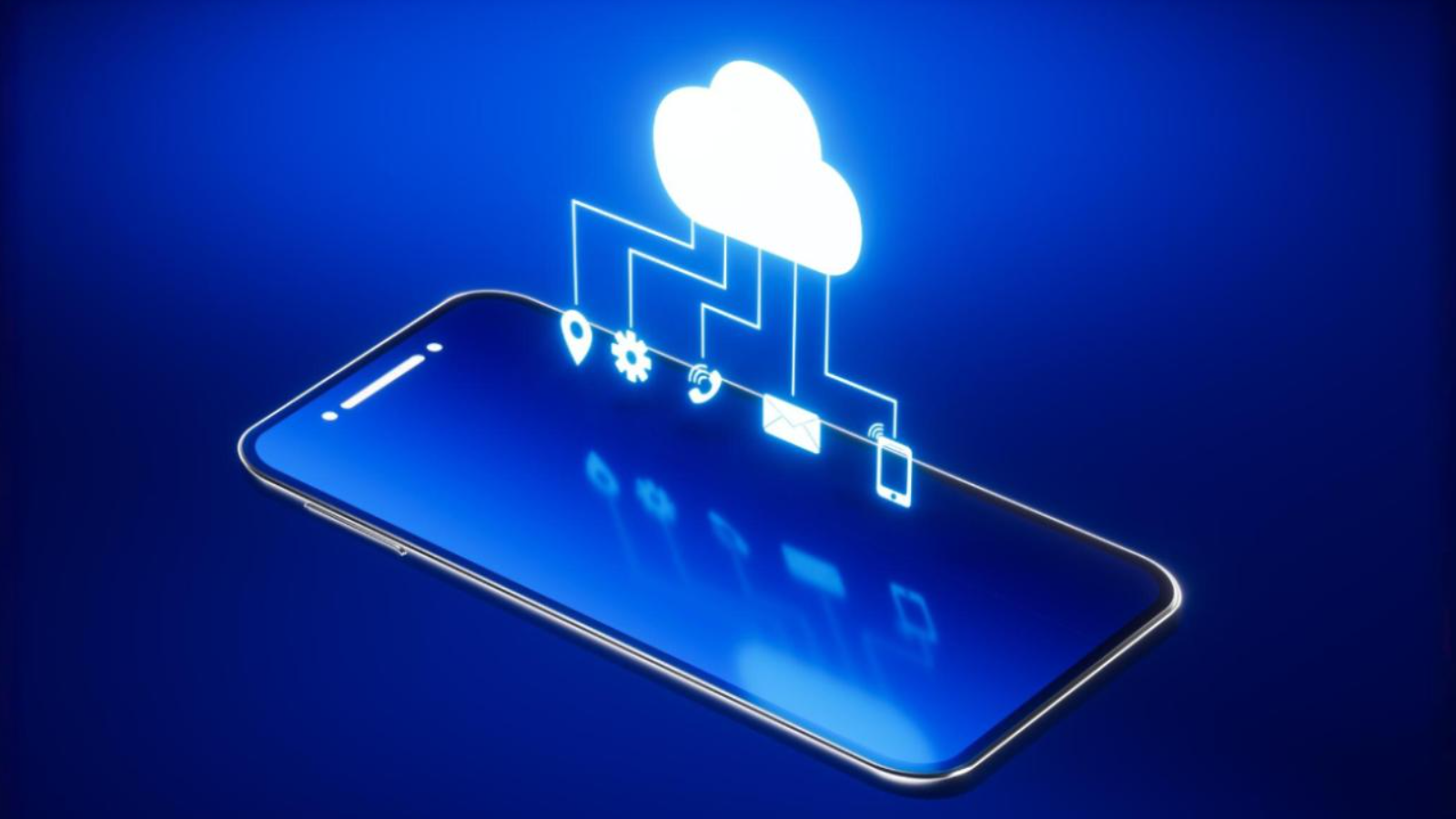 Illustration of a glowing smartphone with a cloud icon and digital connectivity symbols including location, settings, email, and device icons, representing Ten4’s all-in-one cloud PBX solutions and unified communications platform.