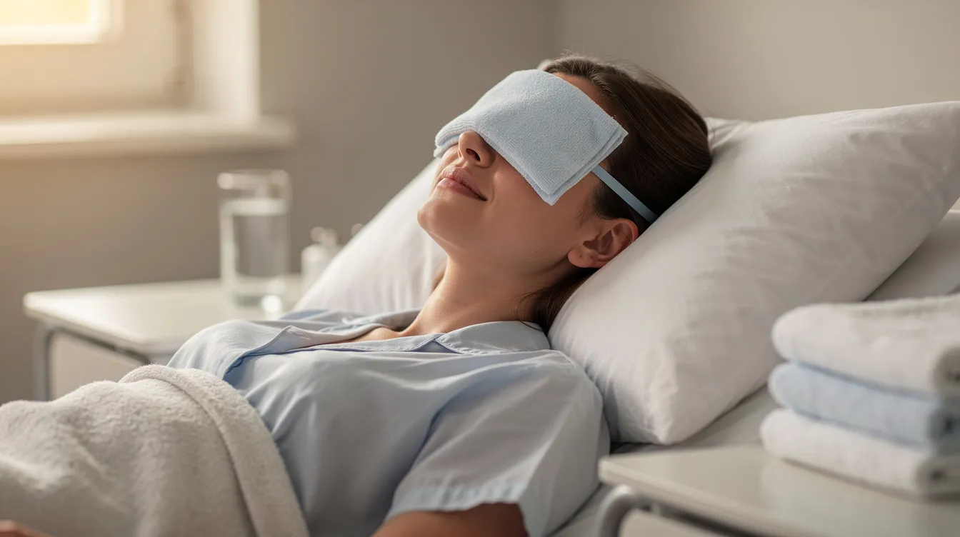 A person is reclining with a cool compress gently placed over their closed eyes, indicating recovery after upper eyelid surgery. The scene conveys a sense of healing and relaxation, highlighting the importance of post-operative care following procedures like upper blepharoplasty.