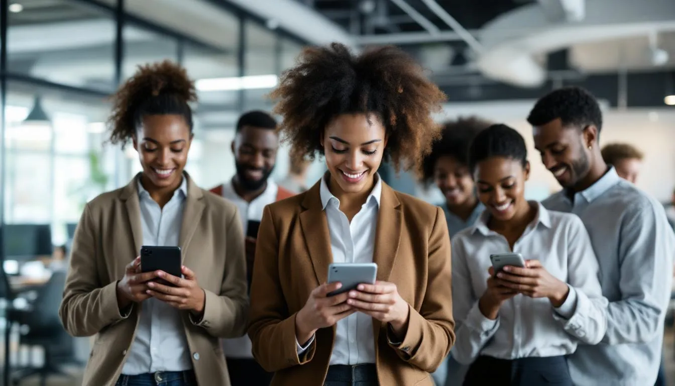 A diverse team of professionals is seen engaging with various devices, each receiving personalized notifications, symbolizing the integration of AI in organizational culture. This scene highlights the importance of embracing AI technologies for enhancing communication and understanding employee sentiment within the context of change management and cultural transformation.