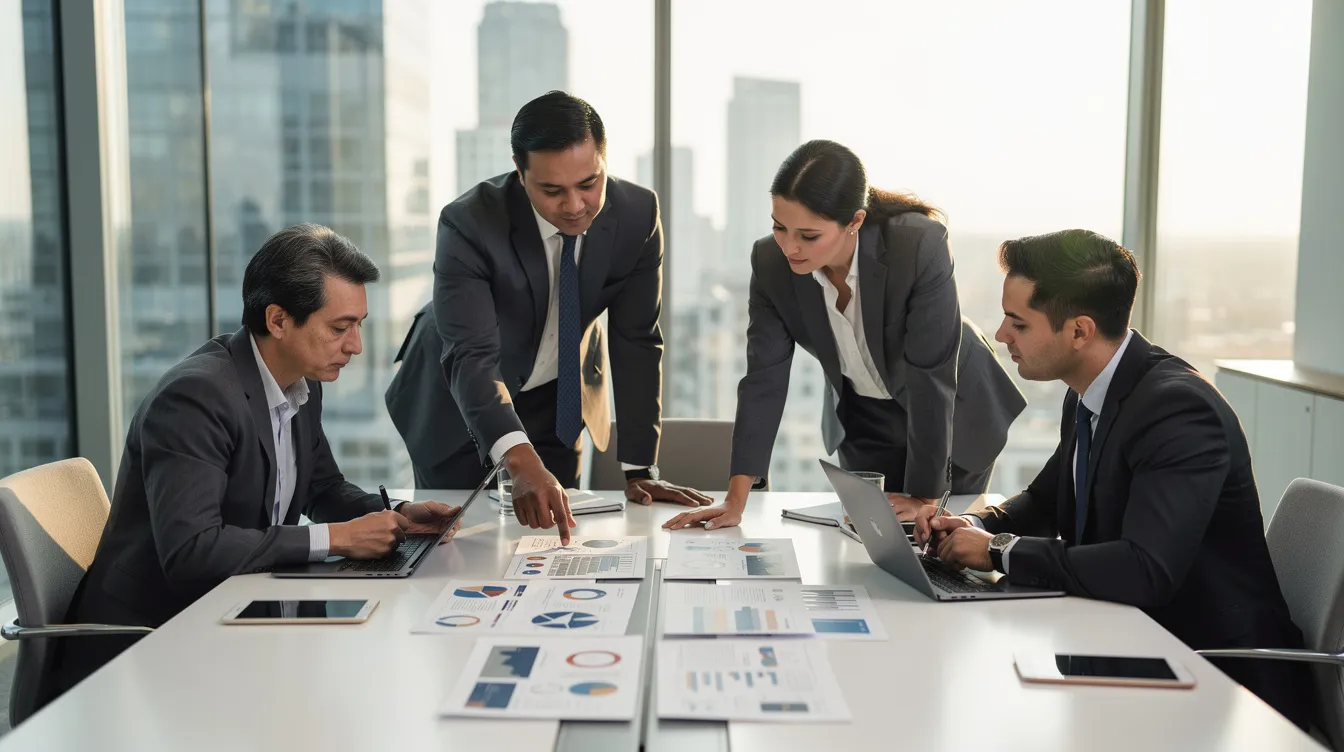 A group of business professionals, including energy lawyers and project developers, are gathered around a modern conference table, collaboratively reviewing documents related to energy projects and regulatory compliance. The atmosphere suggests a focus on innovative energy solutions, emphasizing the importance of legal counsel in the renewable energy industry.