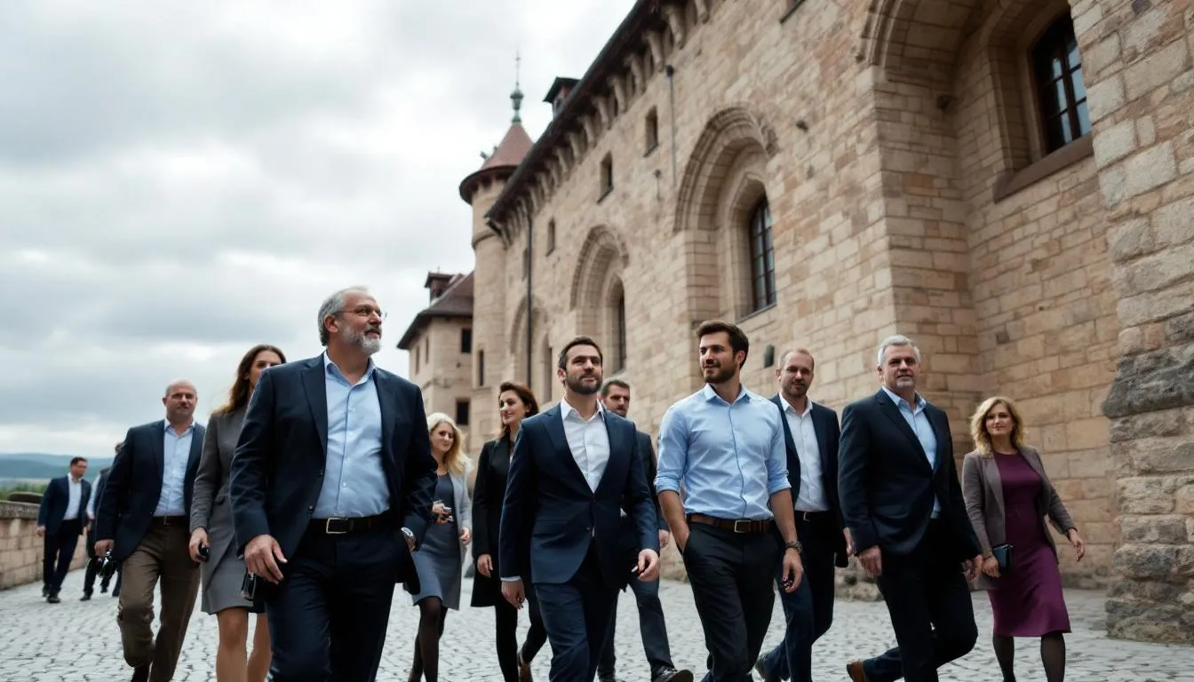 A corporate group is enjoying a guided tour through a historic Polish castle courtyard, surrounded by ancient stone walls and lush greenery, perfect for incentive trips and team-building activities in Poland. The participants are engaged and taking in the rich culture and history, making this event an ideal choice for companies planning their incentive travel in Central Europe.