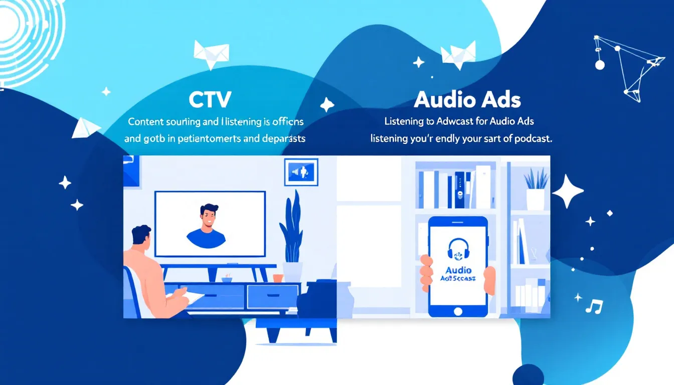The image depicts a digital marketing presentation titled "Getting Started with Advanced Reach of CTV & Audio Ads," featuring key concepts such as audience segments, media planning, and the use of first-party data to enhance advertising effectiveness. It emphasizes the importance of understanding customer insights and optimizing campaigns across various channels to maximize advertising dollars and engagement.
