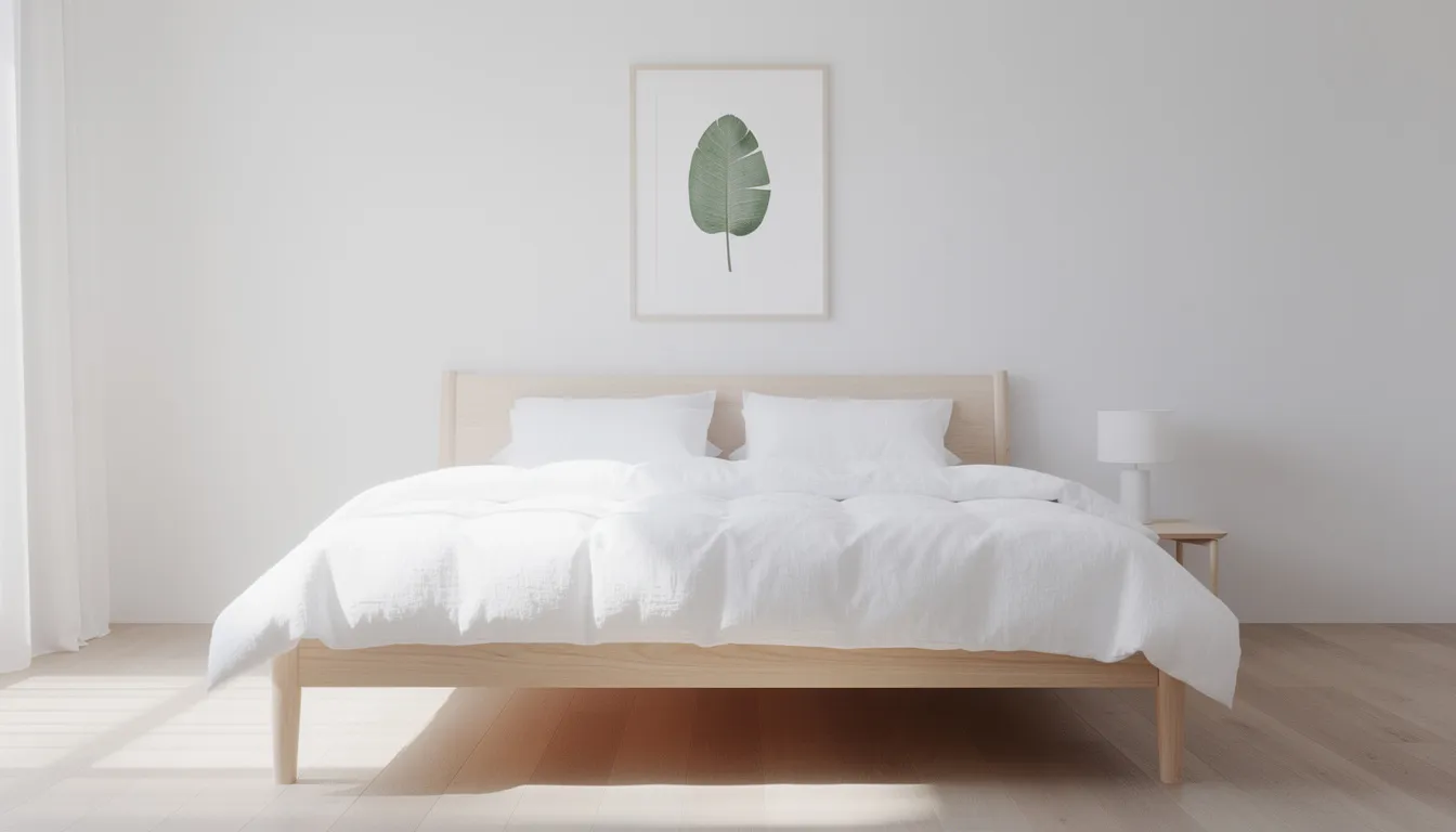 A minimalist bedroom features a light timber bed frame adorned with crisp white linen bedding, complemented by a single botanical print above the bed, creating a fresh and inviting atmosphere. The soft furnishings and natural textures reflect summer-ready decor trends, perfect for embracing the warmth and brightness of the season ahead.