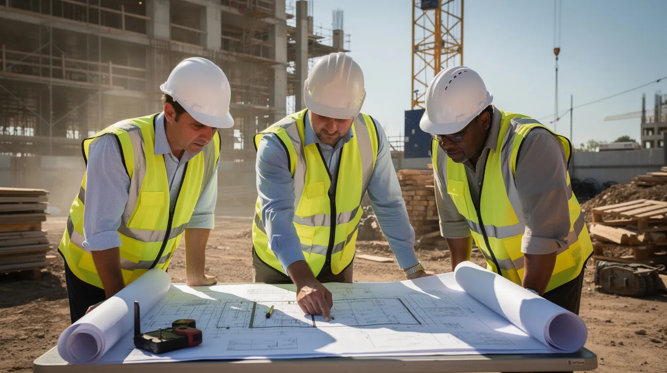 A group of construction professionals wearing hard hats is gathered at an outdoor job site, collaboratively reviewing documents that likely pertain to project costs and procurement workflows. They are focused on addressing price escalation and financial risks associated with construction contracts and material pricing.