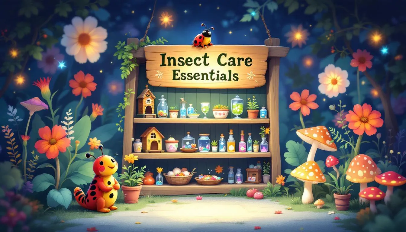 Recommended accessories for insect care displayed in a shop.