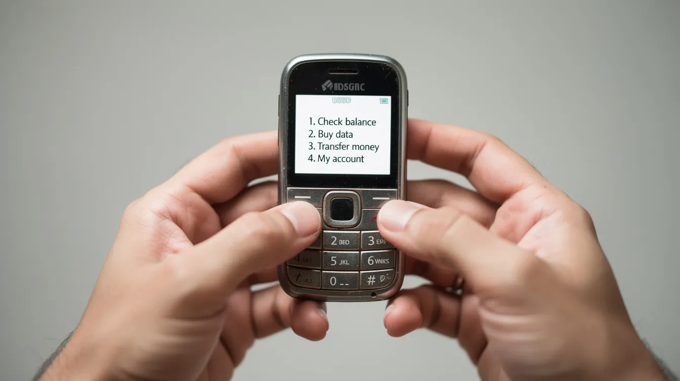 A pair of hands is holding a basic mobile phone displaying a USSD menu, which is commonly used for mobile money transactions in Uganda's mobile money market. The screen shows options for sending money, accessing digital financial services, and managing accounts with MTN Uganda and Airtel Money.