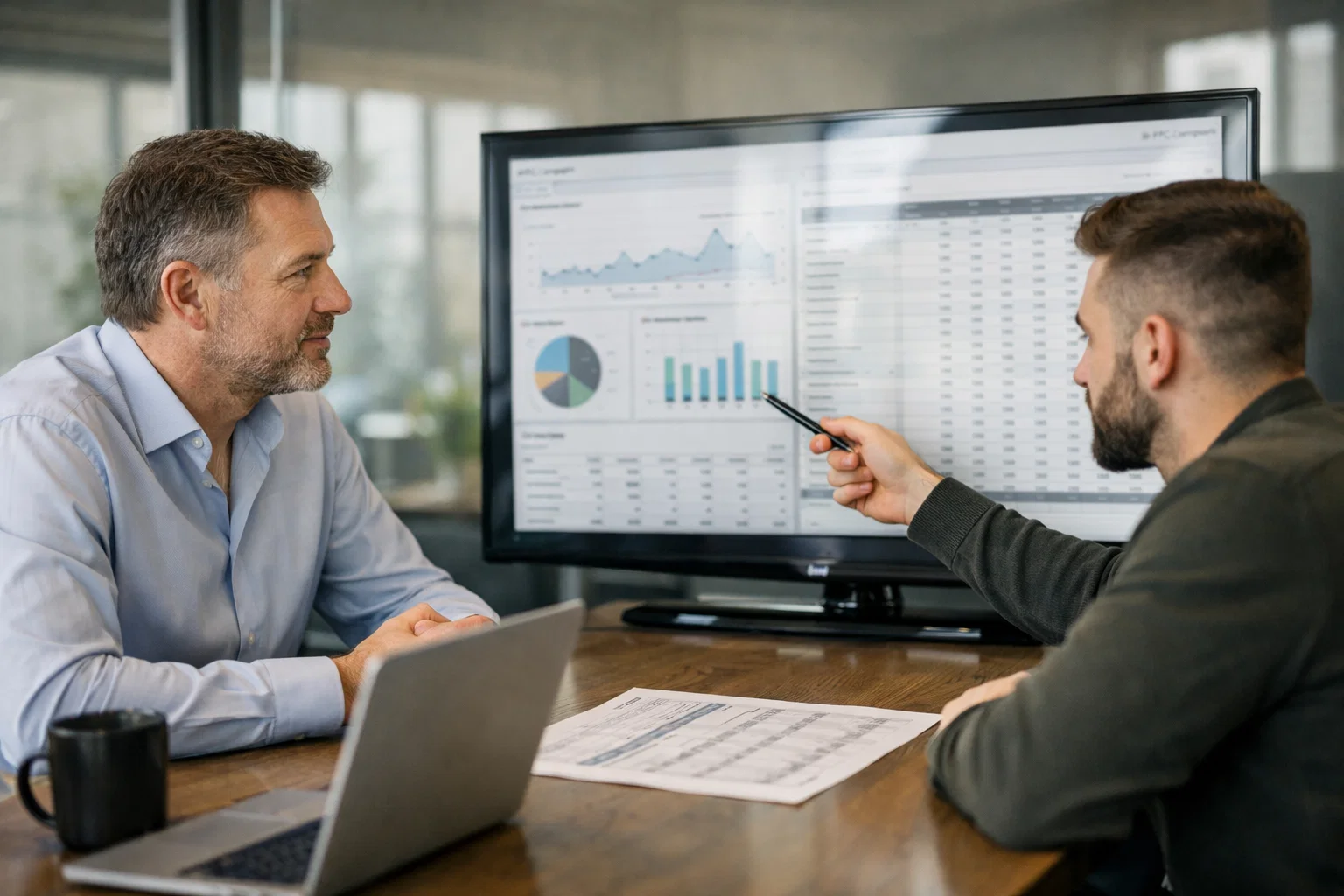 Dual computer screens displaying multiple digital advertising platforms including search, display and video ad dashboards.