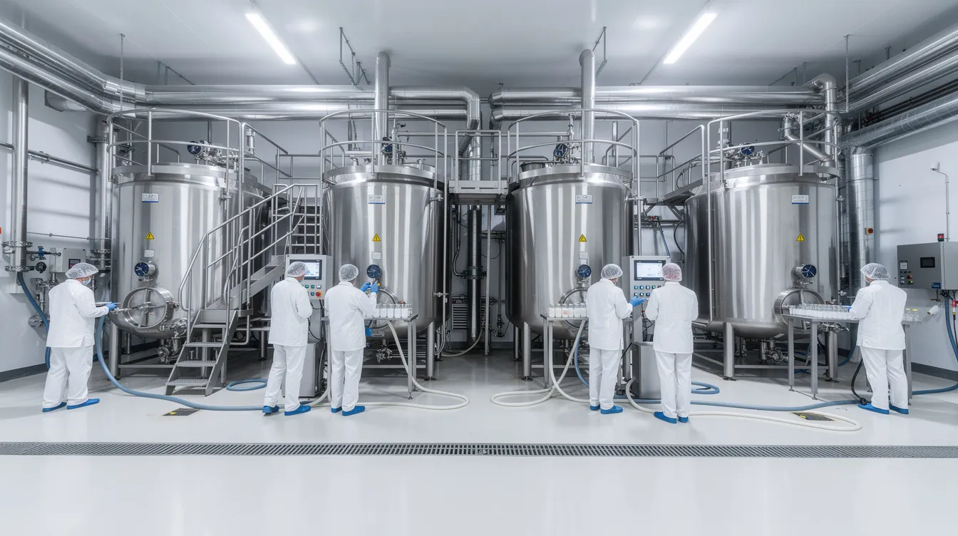 b3adf50e 92e3 4dad 99de b19eac7ad905 The image depicts the interior of a modern dairy processing plant, featuring large stainless steel vats and intricate piping systems. Workers in white uniforms are actively engaged in milk processing, highlighting the advanced processing infrastructure essential for dairy entrepreneurship and farm expansion.