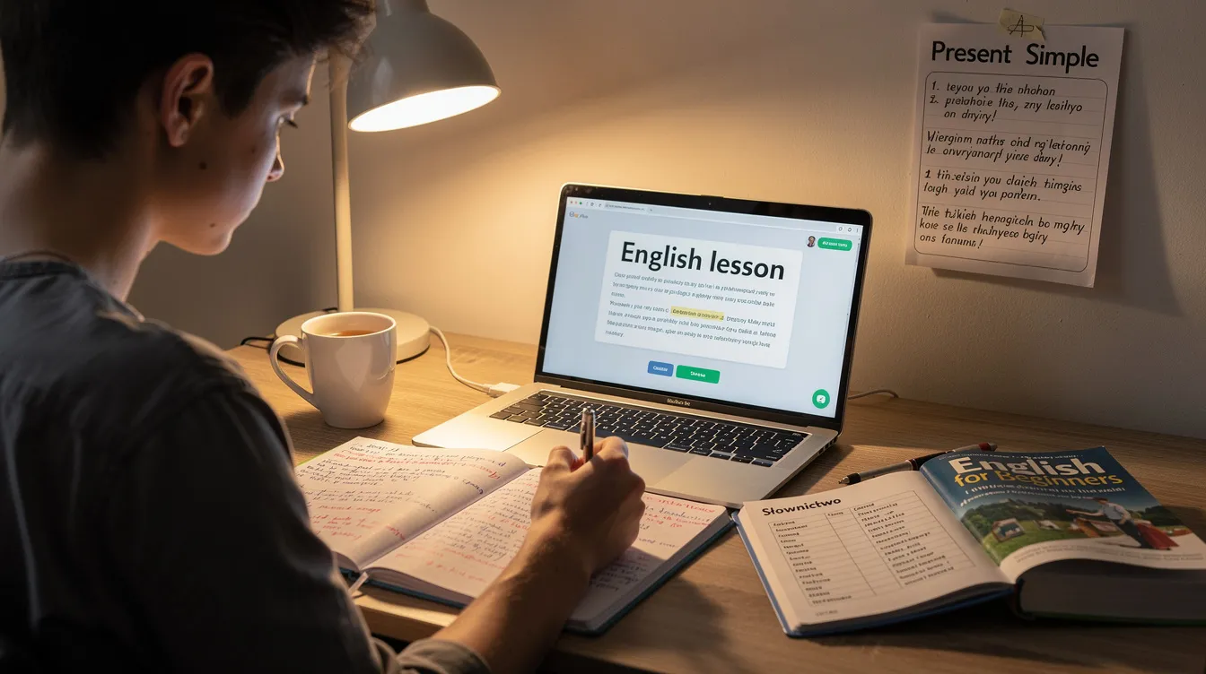 Na obrazie widać osobę uczącą się języka angielskiego przy biurku, otoczoną notatkami i laptopem. Uczennica koncentruje się na praktycznych ćwiczeniach związanych z czasem przeszłym, takimi jak zdania twierdzące i przeczące w czasie past simple.