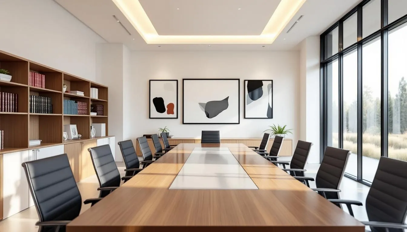 The image depicts a modern law office conference room furnished with a large table surrounded by comfortable chairs, and shelves filled with legal books. This professional setting is ideal for personal injury attorneys to discuss cases and strategize on legal matters related to personal injury claims.