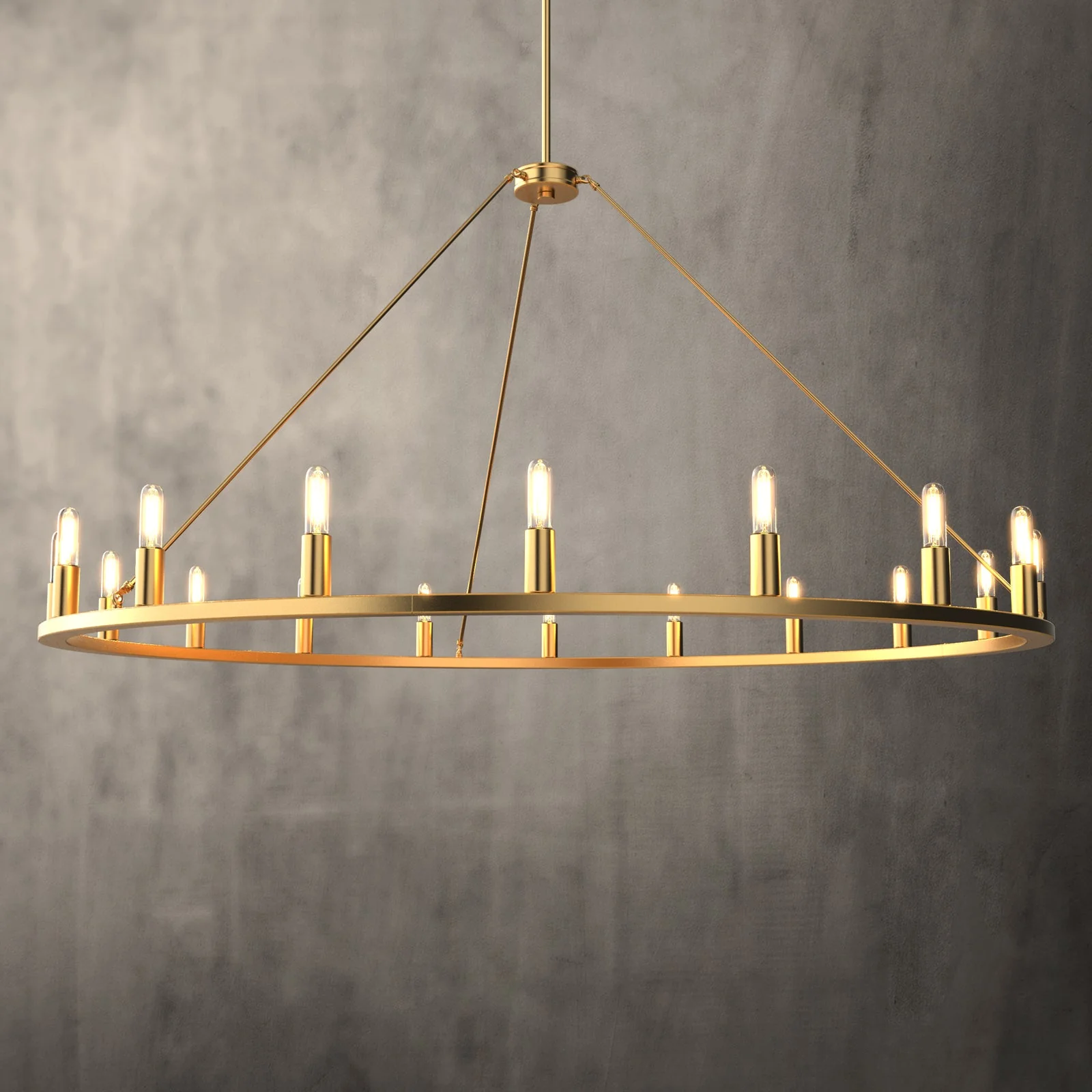 A Round Golden Farmhouse Wagon Wheel Chandelier installed against a dark background.