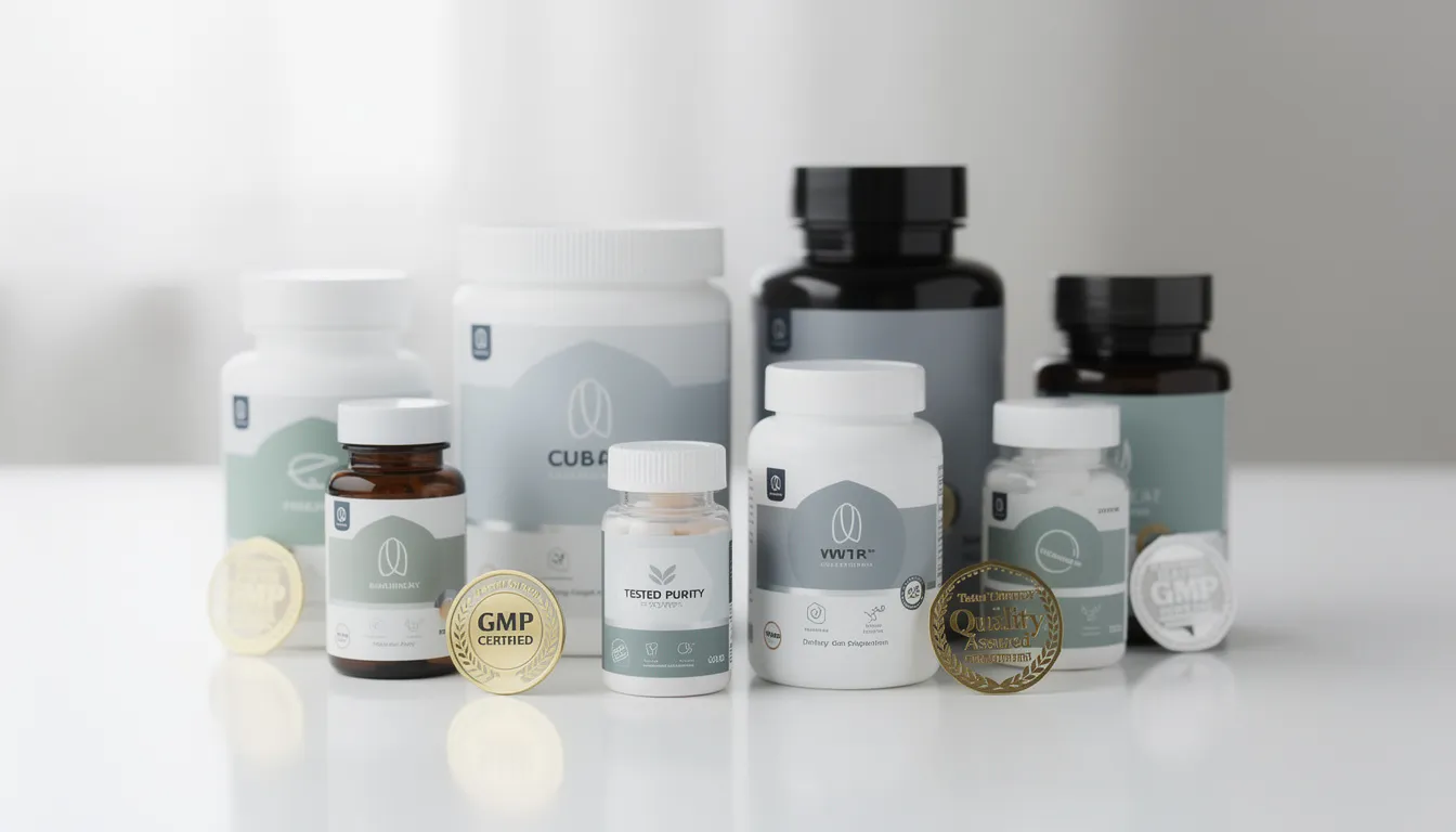 The image features various bottles and containers of dietary supplements, prominently displaying quality certification seals on a clean surface. These sports supplements are designed to enhance athletic performance, promote skeletal muscle hypertrophy, and aid in muscle recovery after high intensity exercise.