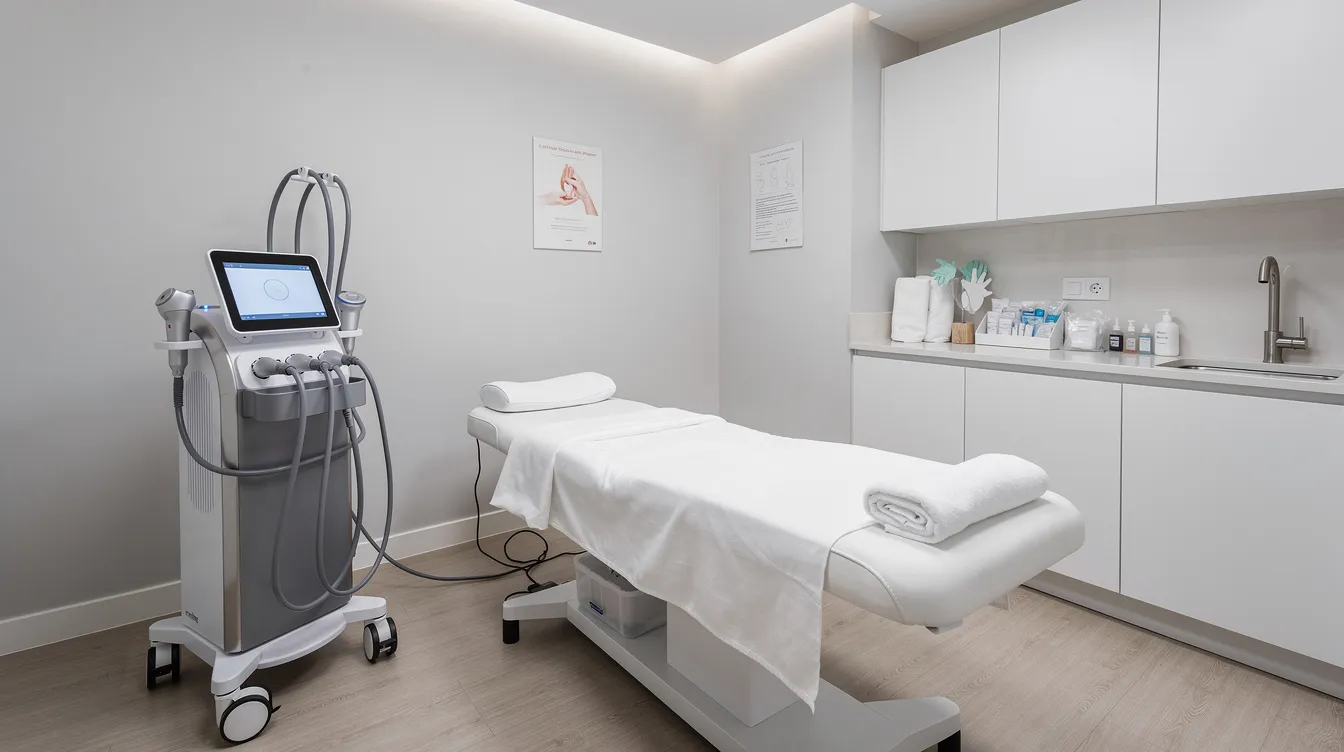 The image depicts a clinical body contouring room equipped with advanced non-invasive treatment devices, ready for a session aimed at achieving aesthetic goals such as a non-surgical butt lift. The setting emphasizes a safe, minimally invasive environment where patients can undergo procedures that stimulate collagen production for natural-looking results.