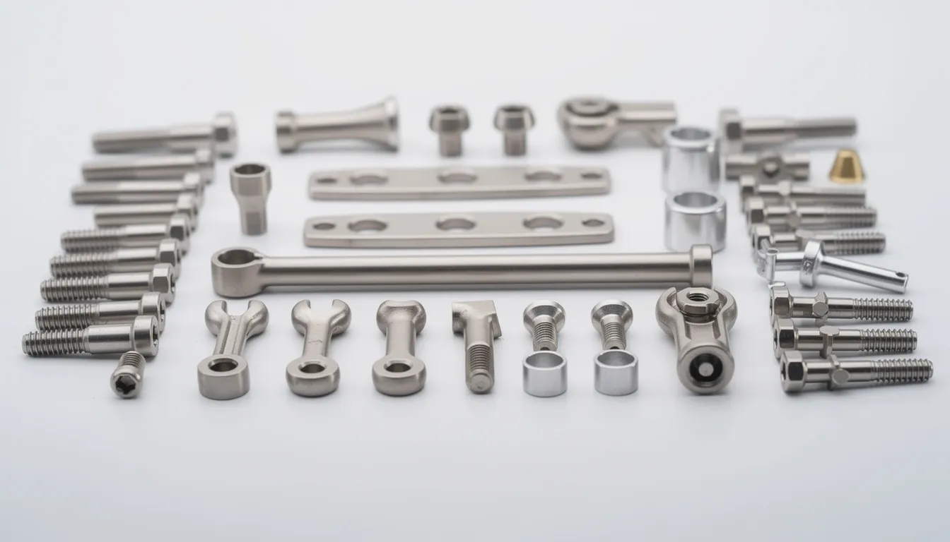 The image displays a variety of medical titanium implants arranged neatly on a clean surface, showcasing different shapes and sizes. These durable titanium items highlight their importance in medical applications, emphasizing their long-term use and reliability.