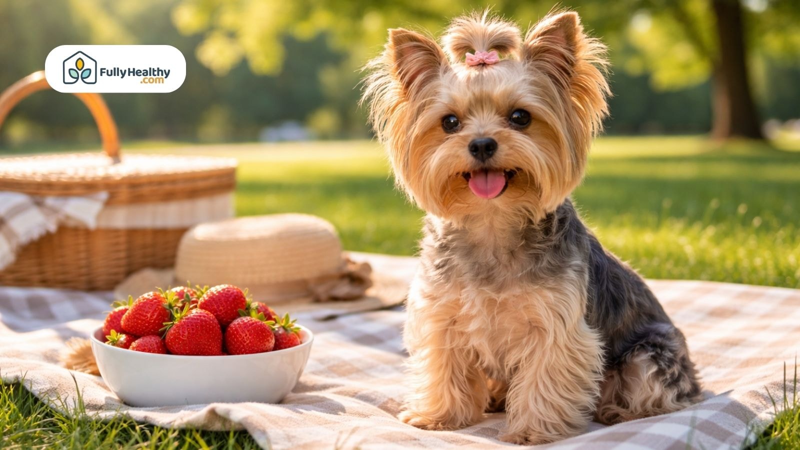 Yorkshire Terrier sitting on picnic blanket beside bowl of strawberries