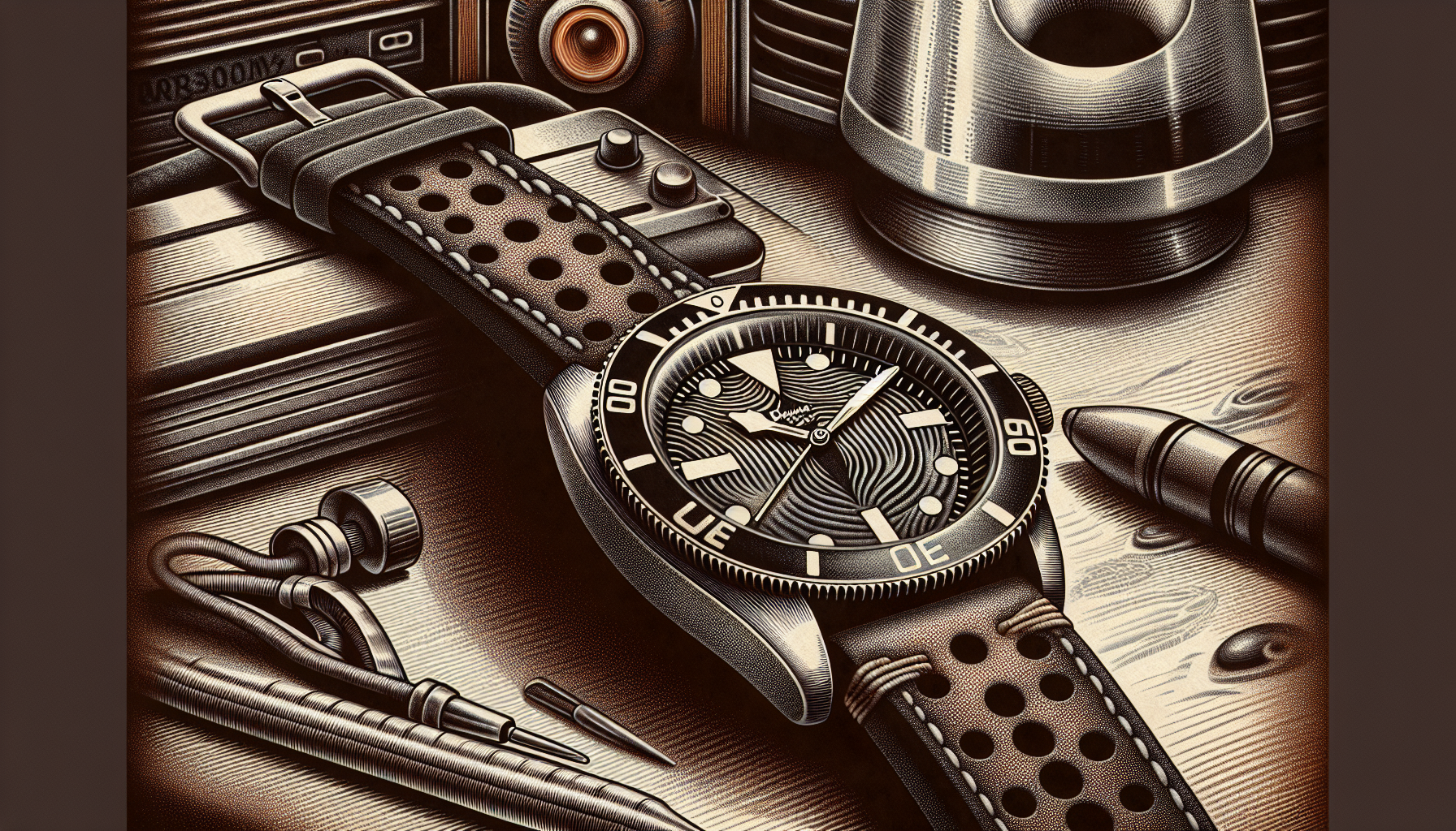 Illustration of vintage dive watch with Tropic watch strap