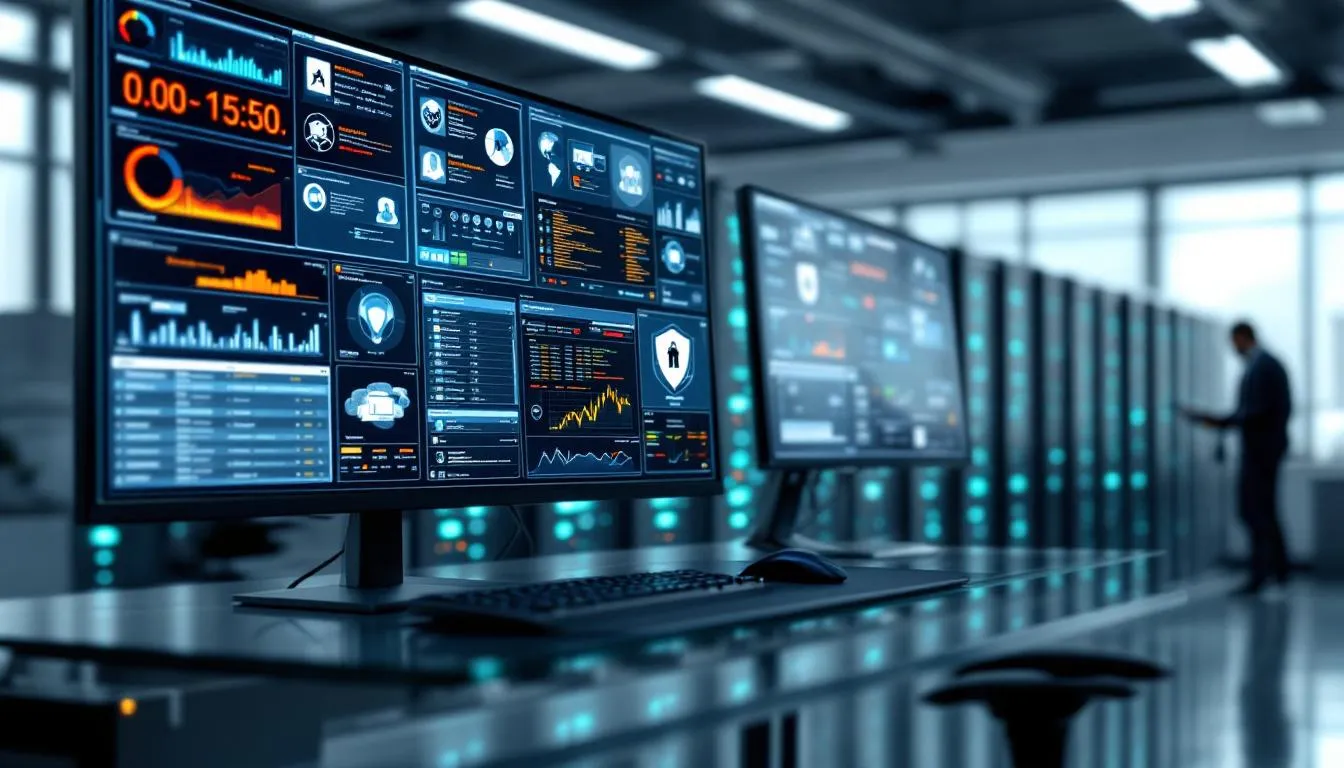 En la imagen se muestra una oficina moderna con múltiples monitores que exhiben sistemas de seguridad digital, mientras que en el fondo se pueden ver servidores, reflejando un ambiente tecnológico avanzado. Este entorno es ideal para el análisis y seguimiento de eventos deportivos, como los partidos de fútbol de la liga mx, donde la pasión y la información se combinan para ofrecer a los clientes una experiencia única en el mundo de las apuestas.