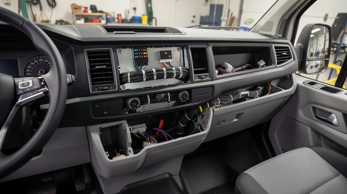 Professional Hardwired GPS Tracker Installation: The image depicts the interior of a cargo van dashboard, showcasing a clean and organized wiring installation behind the panels, which is essential for the secure installation of a hardwired GPS tracker. The wiring connections are neatly arranged, ensuring the GPS tracking device functions properly within the vehicle's electrical system.