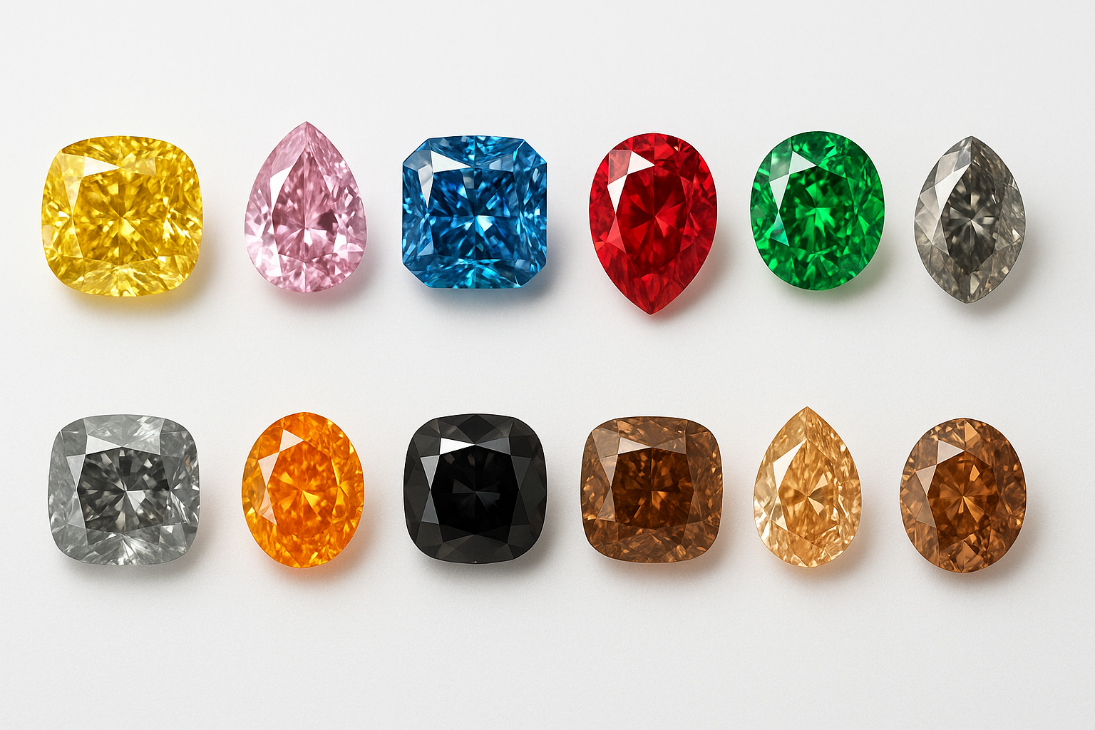 Dvylikos spalvotų deimantų paletė ant balto fono – geltonas pagalvėlės formos, rožinis lašo formos, mėlynas radiant, raudonas ovalo formos, žalias apvalus, violetinis, pilkas radiant, oranžinis ovalo formos, juodas radiant, rudas cushion, šampaninis lašo formos ir konjakinis apvalus deimantas – išdėstyti dviem eilėmis, spindintys ryškiomis spalvomis ir tobulais šlifavimais.