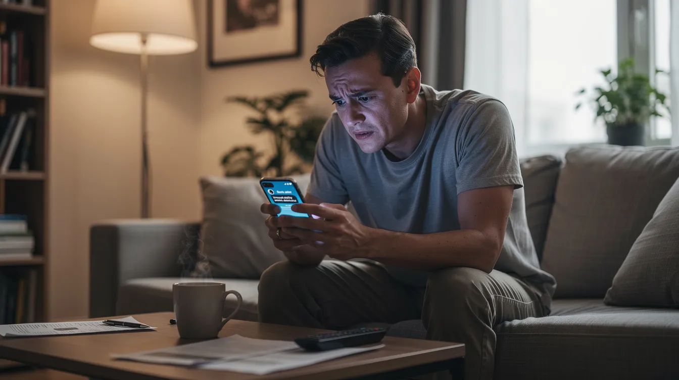 A person in a living room is gazing at their smartphone with a concerned expression, possibly worried about a potential scam related to their WhatsApp account. The scene conveys a sense of urgency as they may be trying to verify the identity of a contact or prevent falling victim to a phishing attempt.