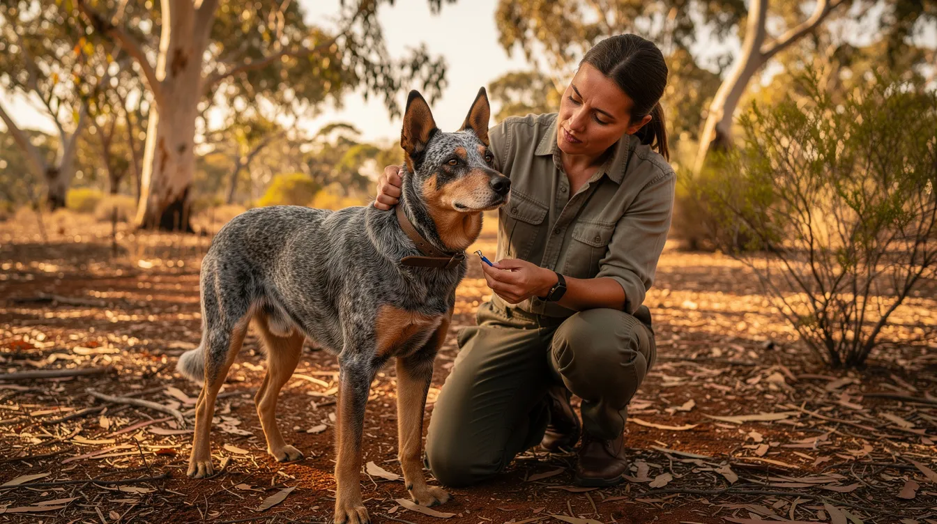 An Australian cattle dog is being carefully examined by its owner for ticks in a bushland setting, highlighting the importance of tick prevention to avoid tick-borne diseases. The image emphasizes the need for regular veterinary check-ups to ensure the dog's health and prevent serious diseases.