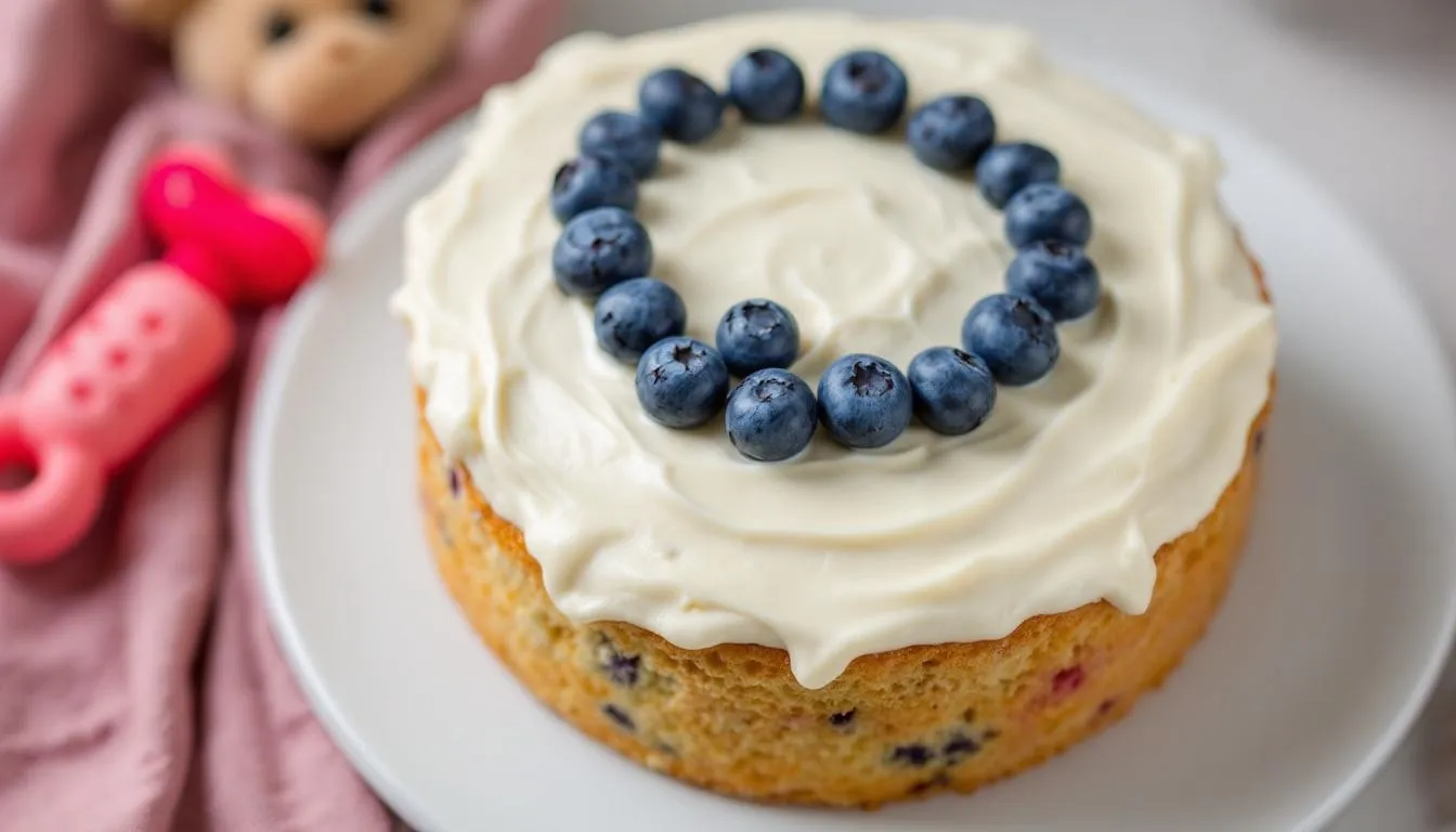 A delicious homemade dog birthday cake is decorated with a creamy plain yogurt frosting and topped with fresh blueberries, perfect for celebrating a pup
