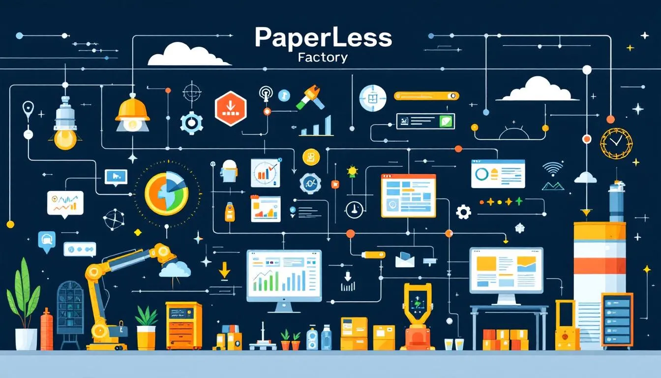 An image showing digital tools and devices used in enhancing production processes in a paperless factory.