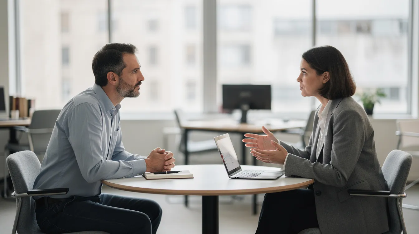 Un manager engage une conversation bienveillante avec un collaborateur dans un espace de travail calme, favorisant un climat de confiance et de respect. Cette interaction met en avant l'importance de la relation et de la communication au sein de l'équipe pour assurer le bien-être et la réussite de chacun.