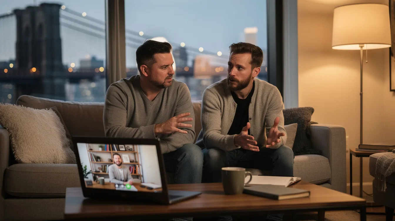 In a photojournalistic style, two gay men in their 30s sit side by side in a cozy New York apartment during an online couples therapy session, with their therapist visible on the laptop screen. The warm evening lighting highlights their thoughtful expressions as they engage in a candid discussion about relationship dynamics, with the iconic Brooklyn Bridge seen through the window, creating an authentic and supportive atmosphere for their mental health journey.