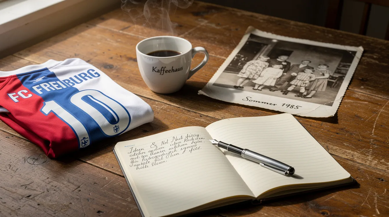 Auf einem Holztisch liegt eine Collage aus verschiedenen Alltagsgegenständen, darunter eine dampfende Kaffeetasse, ein altes Schwarzweiß-Foto, ein Fußballtrikot und ein aufgeschlagenes Notizbuch. Diese Anordnung regt zu Assoziationen an und spiegelt unterschiedliche Interessen und Erfahrungen wider.