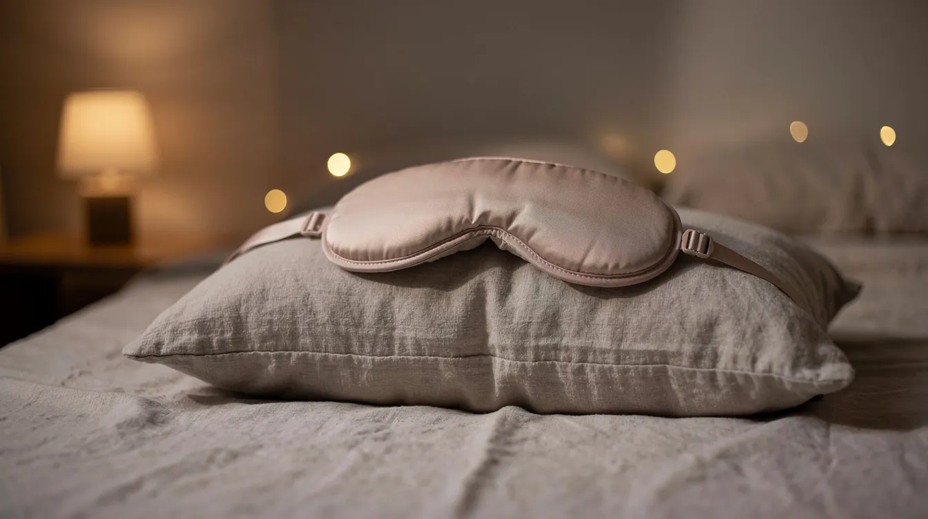 The image depicts a cozy rest space featuring soft ambient lighting, with an eye mask resting on a plush pillow, creating an ideal environment for a power nap or a brief escape into deep sleep. This serene setup encourages relaxation and helps alleviate feelings of tiredness, promoting the health benefits of daytime napping.