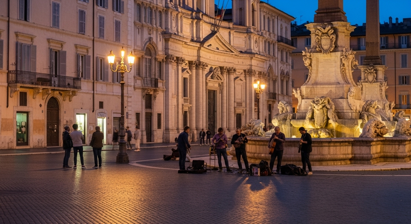 Street musicians play softly in Piazza Navona during the evening, as warm lights and relaxed visitors create a calm and unhurried atmosphere in the heart of Rome.