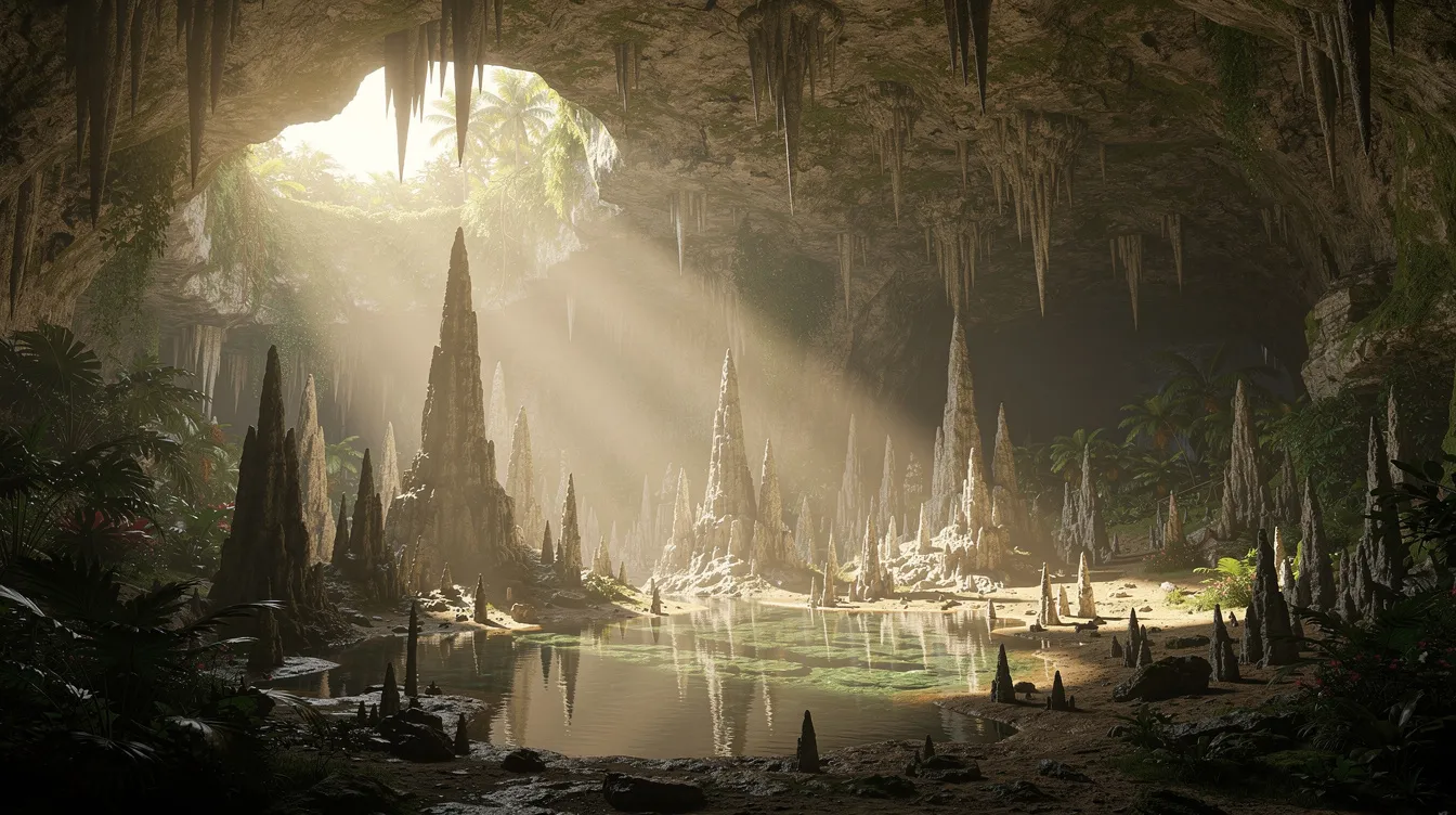 A imagem mostra uma caverna subterrânea tropical repleta de estalactites e estalagmites, iluminadas por luz natural que penetra através de fissuras. O ambiente exala uma atmosfera mágica, lembrando os destinos exóticos do Caribe, como Curaçao, onde a natureza e a diversidade cultural se encontram em perfeita harmonia.