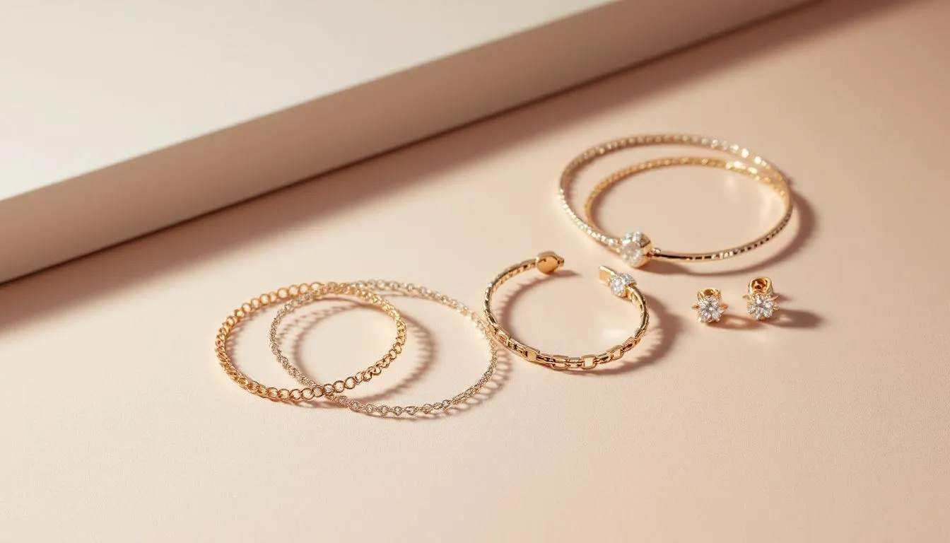 Trendy women's jewelry including chain bracelets and earrings.