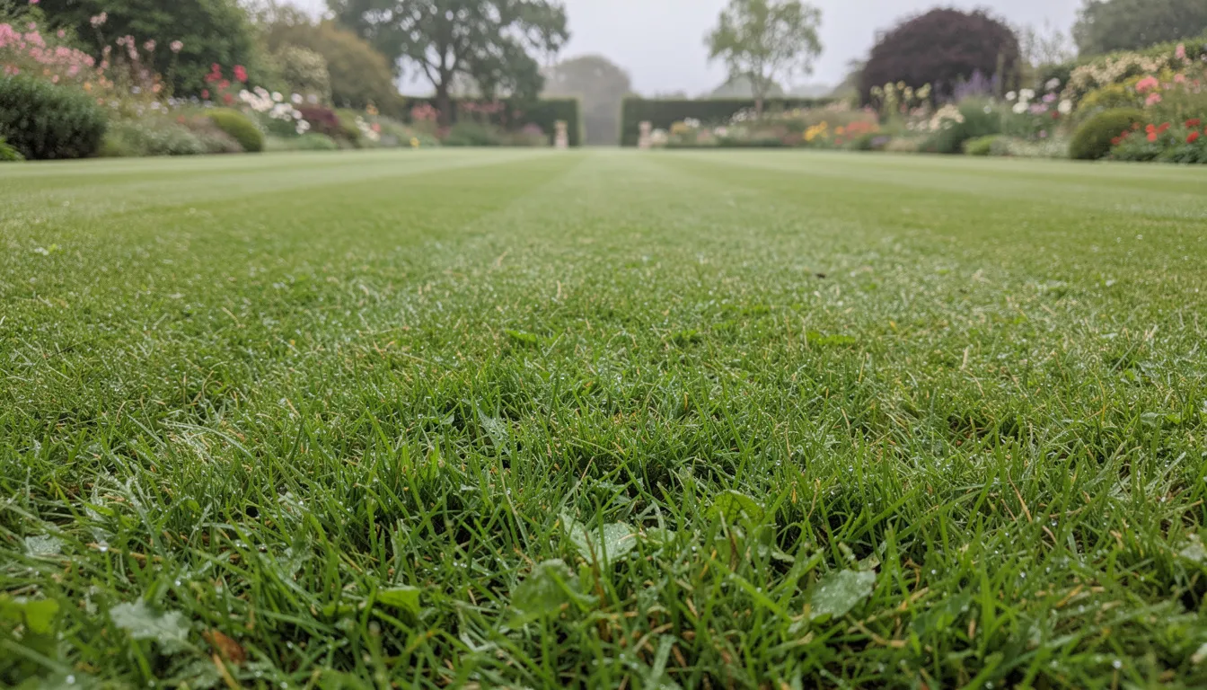 The image showcases a lush green lawn in a UK garden, featuring healthy, thick grass that highlights effective lawn care practices. This vibrant landscape is an ideal example of a perfect lawn, demonstrating the results of using quality lawn feed and fertiliser for optimal growth.