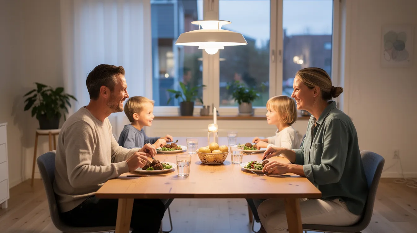 En familj sitter tillsammans runt ett ljust matbord i ett svenskt hem, där de njuter av en middag. Matbordet är tillverkat av massivt trä och erbjuder plats för flera personer, vilket skapar en varm och inbjudande atmosfär.