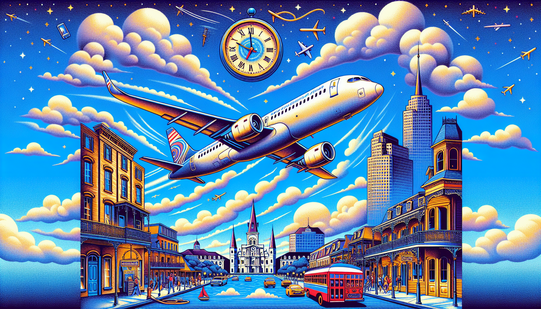 Illustration showing the average flight time from Boston to New Orleans.