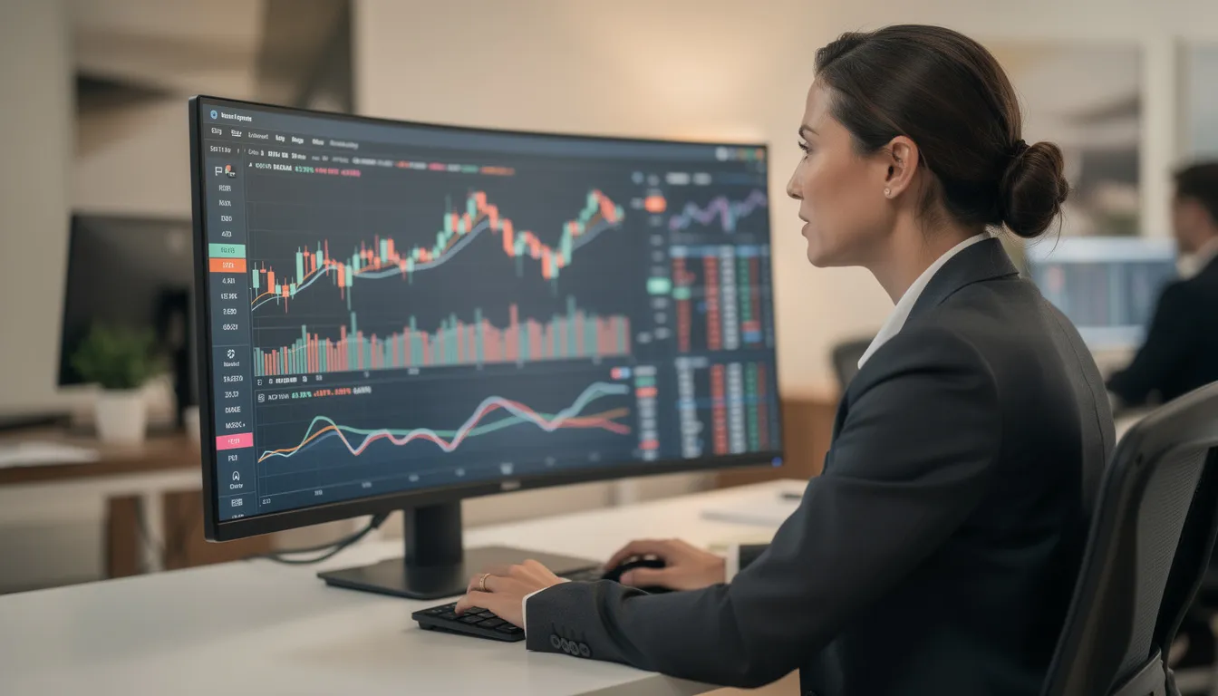 Una persona observa gráficos financieros en una pantalla, mostrando una expresión de confianza y determinación mientras analiza datos importantes para su negocio. Esta imagen refleja el papel de los emprendedores en la toma de decisiones estratégicas en el mercado actual.