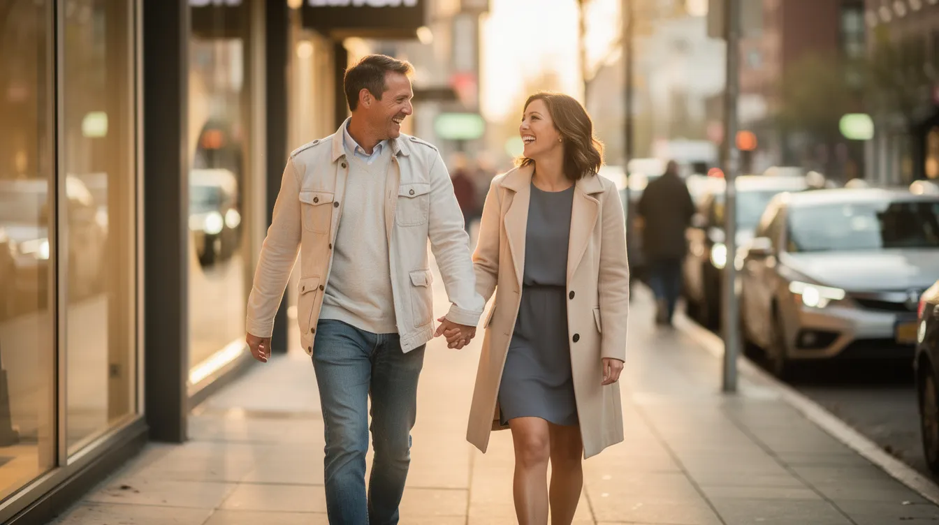 A happy couple is walking hand in hand on a bustling city street, both smiling and enjoying each other's company. Their joyful expressions reflect a strong emotional connection, indicating a healthy relationship built on shared interests and effective communication.