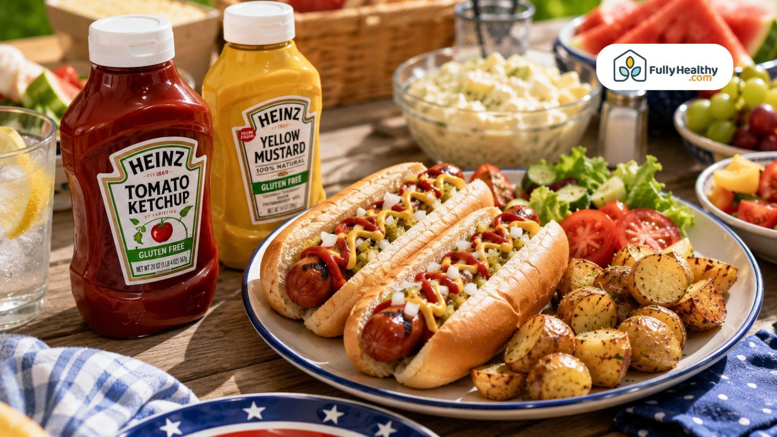 Ketchup and mustard served with hot dogs and side dishes