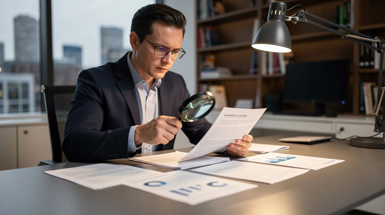 A business professional is intently reviewing documents with a magnifying glass, focusing on details related to employee retention credits and qualified wages. The scene emphasizes the importance of thorough examination for tax compliance, particularly for eligible businesses seeking refundable tax credits.
