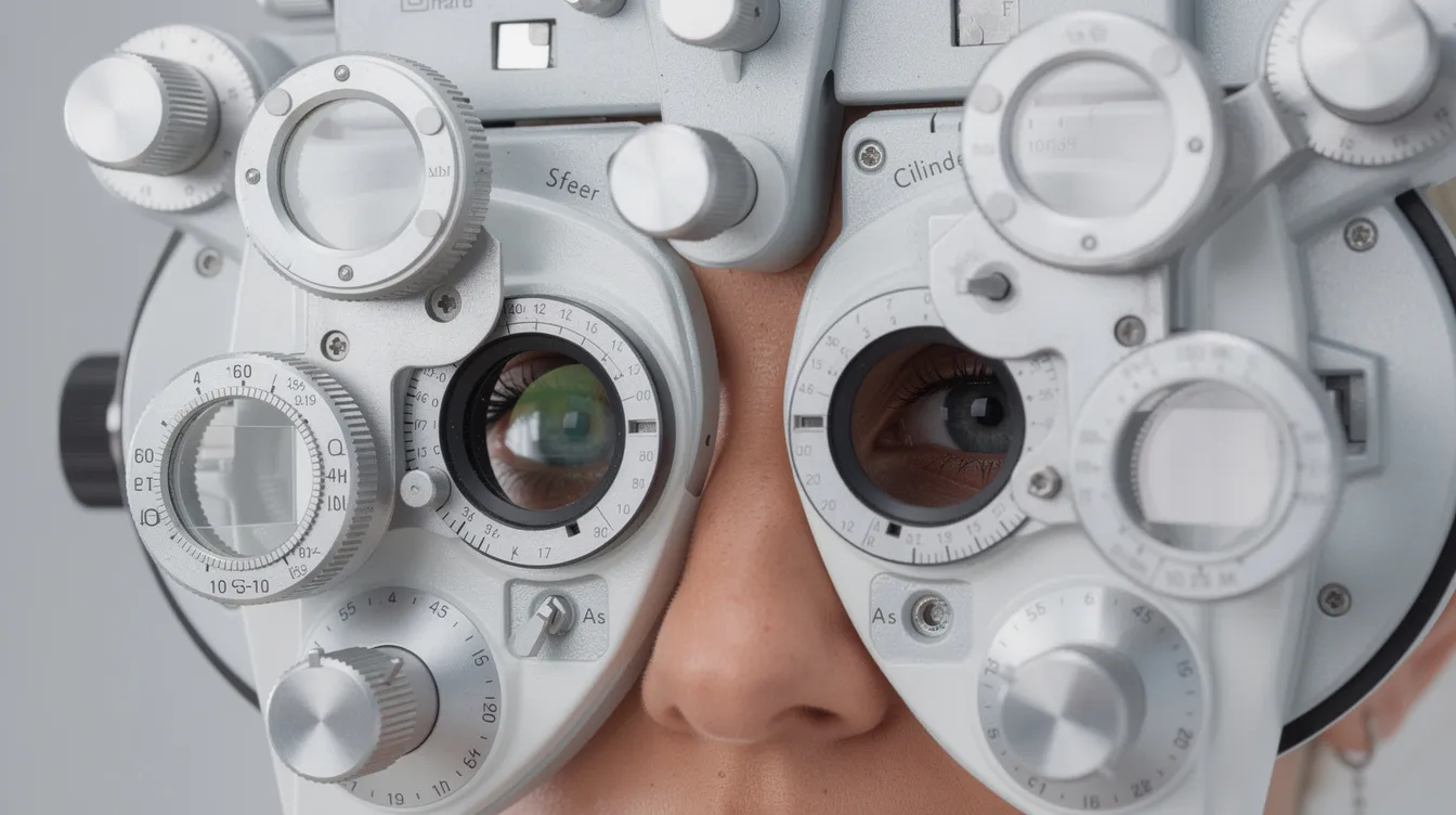 Close-up van een oog dat door een phoropter kijkt tijdens een subjectieve oogmeting, waarbij verschillende brillenglazen worden getest om de beste kijkoplossing te bepalen. De omgeving is goed verlicht, wat helpt bij het nauwkeurig meten van de ogen en het vaststellen van de benodigde sterkte voor een nieuwe bril.