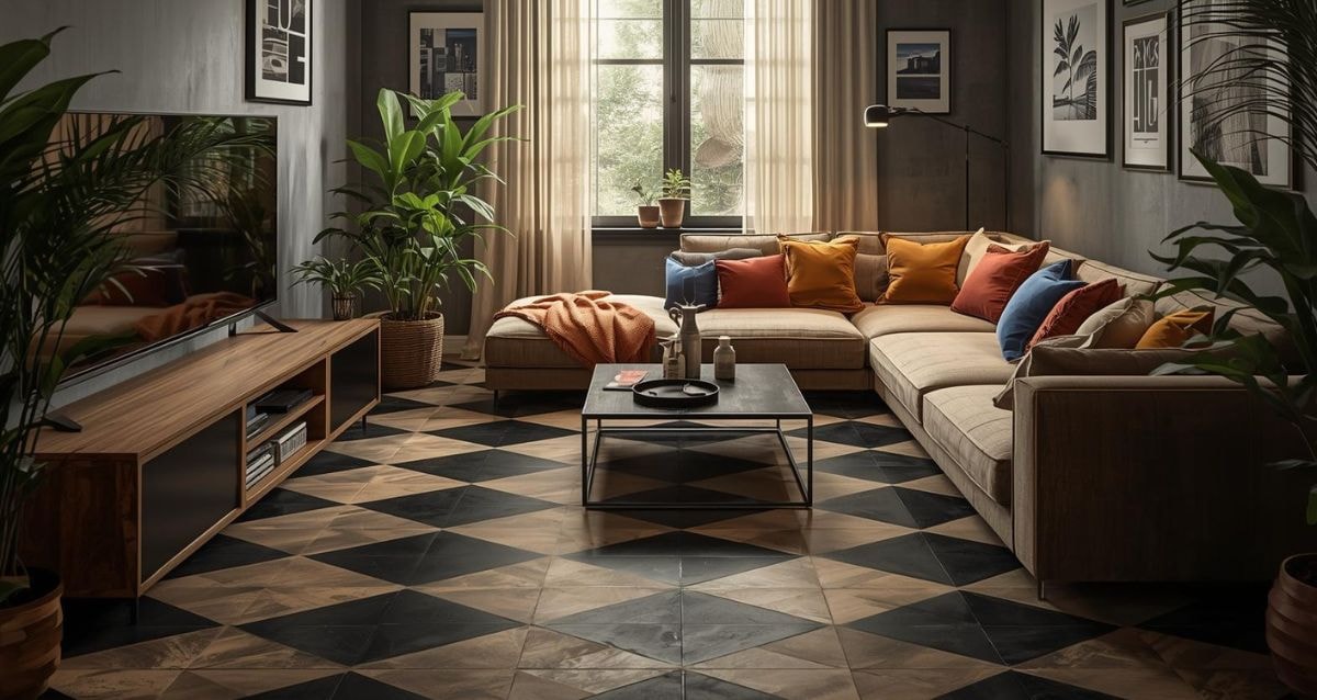 Modern checkerboard tiled living room
