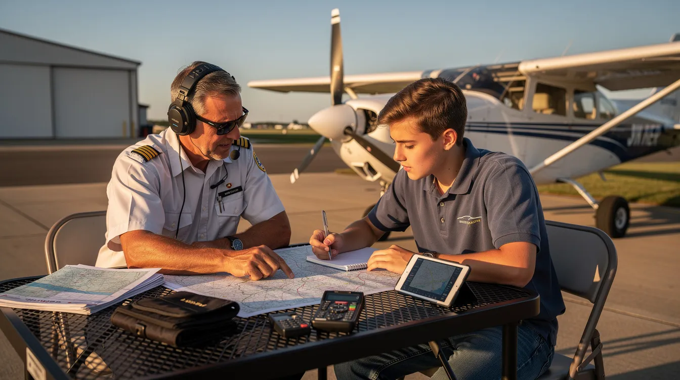 A flight instructor and a student pilot are seated at a table near a small airplane on the ramp, reviewing charts and discussing flight training concepts, including instrument flight rules and the requirements for obtaining a private pilot certificate. The scene captures the essence of aviation education, emphasizing the importance of ground training and the development of instrument skills for safe flight.